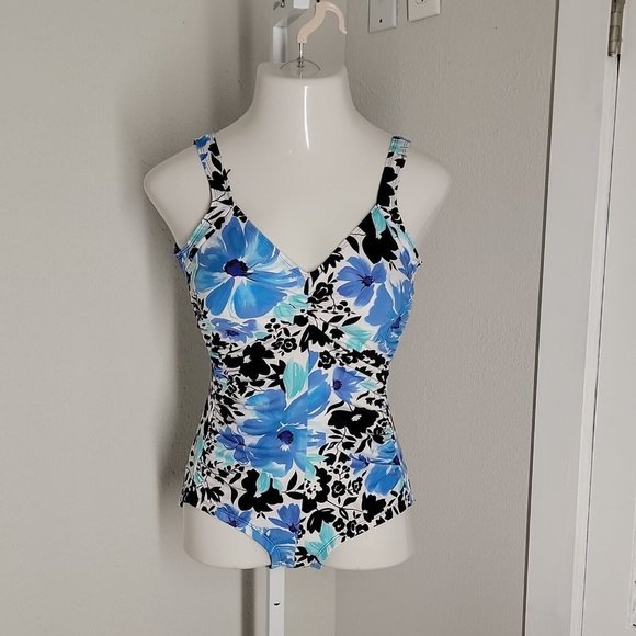 Gabar Ruched One-Piece Slimming Swimsuit ~ Sz 12 ~ Blue & White Floral - Picture 1 of 5